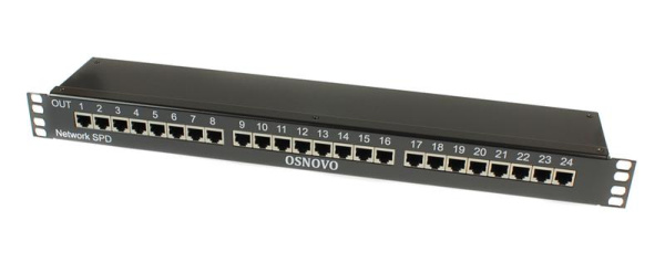 Устройство грозозащиты SP-IP24/1000PR 1U для локал. вычислит. сети на 24 порта (скорость до 1000Мб/с) с защит. линий PoE OSNOVO 14277