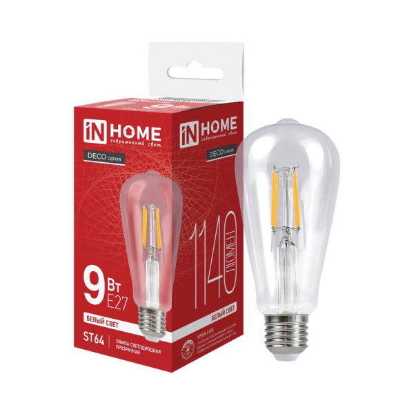 Лампа светодиодная филаментная LED-ST64-deco 9Вт прозрачная 4000К нейтр. бел. E27 1140лм 230В IN HOME 4690612050829
