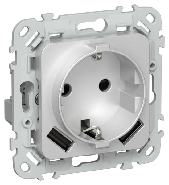 Розетка 1-м СП FLITE РСЮша11-1-ФлА 16А с USB A+A 3.1А с заземл. с защ. шторками безвинтовое крепление механизм алюм. IEK FI-R14-16-1-U21-D31-K47