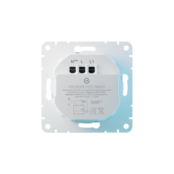 Выключатель 1-кл. СП ATLASDESIGN SMART 10А IP21 Zigbee сх.1 L(N) с опциональной нейтралью механизм бел. Умный дом Sber & SE ATN000115Z