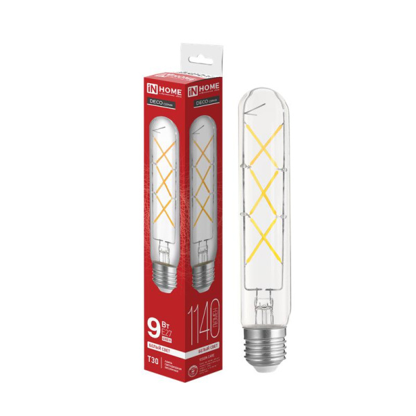 Лампа светодиодная филаментная LED-T30-deco 9Вт прозрачная 4000К нейтр. бел. E27 1140лм 230В 225мм IN HOME 4690612050881