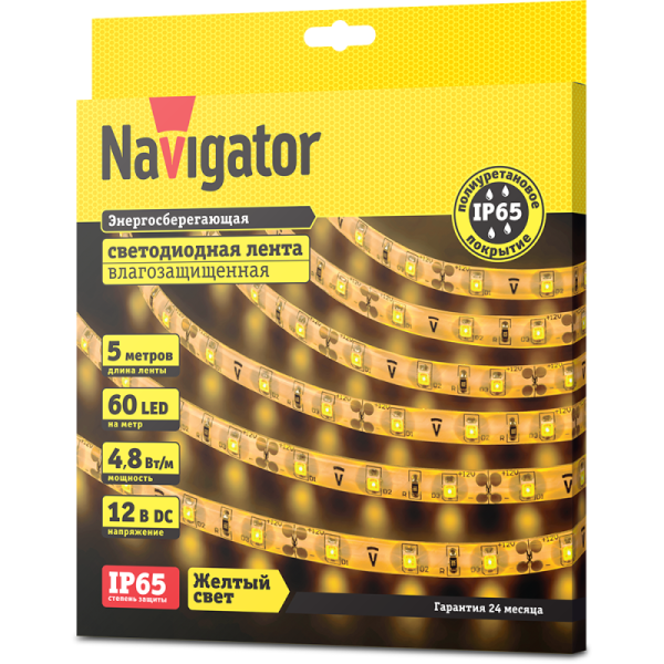 Лента светодиодная 71 407 NLS-3528Y60-4.8 IP65 12B R5 4.8Вт/м (уп.5м) Navigator 71407