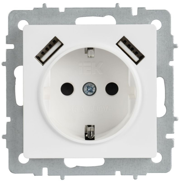 Розетка BRITE РЮш10-2-БрАБ 16А с USB A+A 3.1А с заземл. защ. шторки механизм арктич. бел. IEK BR-R14-16-U21-D31-K91