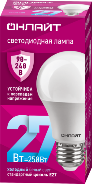 Лампа светодиодная 90 408 OLL-A60-27-230-6.5K-E27 27Вт грушевидная 6500К E27 90-240В PRO ОНЛАЙТ 90408