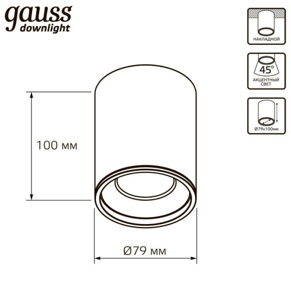 Светильник светодиодный 12Вт 3000К 79х100мм накладной черн./черн. GAUSS HD028