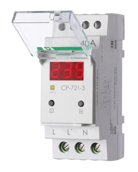 Реле напряжения CP-721-3 40А контроль напряжения: нижн. порог 140-210В верхн. порог 240-300В цифров. индикация напряжения 2мод. монтаж на DIN-рейку возможность пломбировки панели управления F&F EA04.009.021