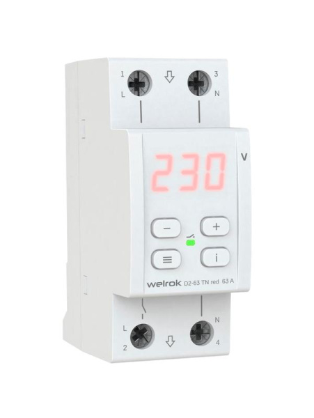 Реле напряжения D2-63 TN red (с транзитом нуля) Welrok 4660251141882