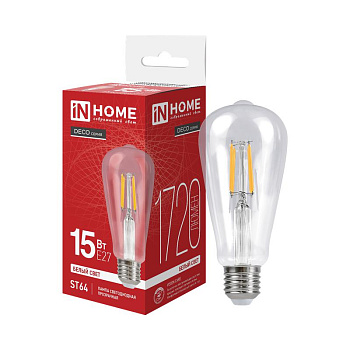 Лампа светодиодная филаментная LED-ST64-deco 15Вт прозрачная 4000К нейтр. бел. E27 1720лм 230В IN HOME 4690612050850