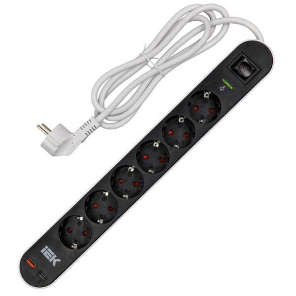 Фильтр сетевой СФ-06К 16А USB A+C 20Вт 1.5м 3х1.5кв.мм черн. IEK WFP10-16-06-01-ZKU-K02