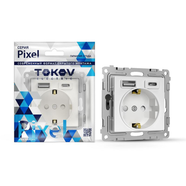 Розетка 1-м СП Pixel IP20 с заземл. с 2-мя заряд. устр. USB тип A+C механизм бел. TOKOV ELECTRIC TKE-PX-R1U2AC-C01