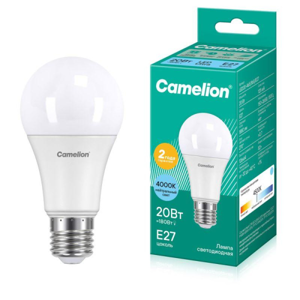 Лампа светодиодная LED20-A65/845/E27 20Вт грушевидная матовая 4500К бел. E27 220В Camelion 13165