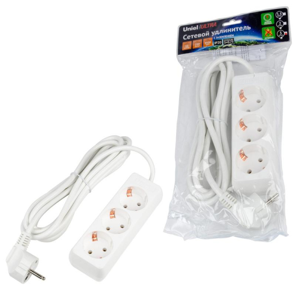 Удлинитель 3х3м с заземл. 16А Ultra S-GCU3-3 WHITE бел. Uniel UL-00010001