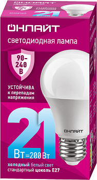Лампа светодиодная 90 406 OLL-A60-21-230-6.5K-E27 21Вт грушевидная 6500К E27 90-240В PRO ОНЛАЙТ 90406