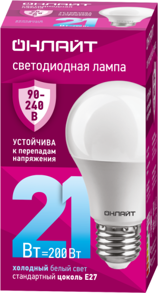 Лампа светодиодная 90 406 OLL-A60-21-230-6.5K-E27 21Вт грушевидная 6500К E27 90-240В PRO ОНЛАЙТ 90406