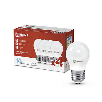 Лампа светодиодная LED-ШАР-VC 4PACK 14Вт шар 6500К холод. бел. E27 1330лм 230В (уп.4шт) IN HOME 4690612052373