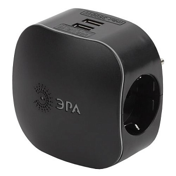 Разветвитель 3-м с заземл. 16А IP20 SP-3e-USB-BLACK 220В + 2хUSB 2100мА защ. шторки черн. Эра Б0046364