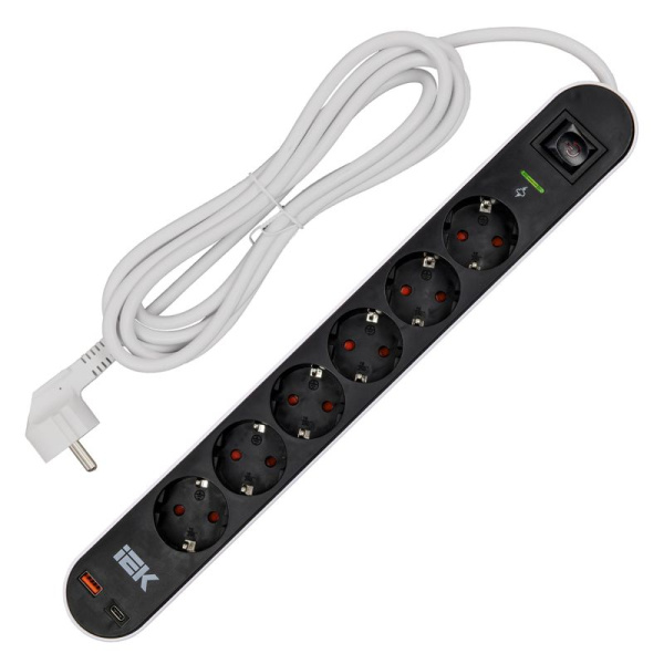 Фильтр сетевой СФ-06К 16А USB A+C 20Вт 3м 3х1.5кв.мм черн. IEK WFP10-16-06-03-ZKU-K02