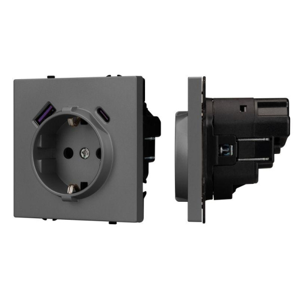 Розетка ARL NOBE SCT-MUAC-SFPL-GR 16А 250В с заземл. со шторками с USB тип А+С софт-тач сер. базальт Arlight 054287(1)