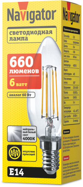 Лампа светодиодная 61 356 NLL-F-C35-6-230-4K-E14 6Вт свеча прозрачная 4000К нейтр. бел. E14 660лм 220-240В Navigator 61356