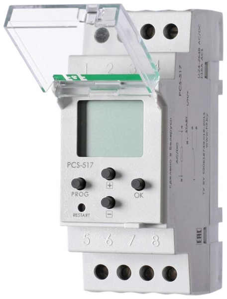 Реле времени PCS-517 16А 24-264В AC/DC 1перекл. IP20 многофункц. цифр./индикация монтаж на DIN-рейке F&F EA02.001.015