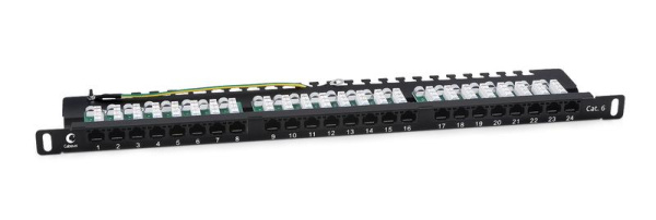 Патч-панель 19дюйм 0.5U 24 порта RJ45 кат.6 Dual IDC 90град. высокой плотности с задн. кабельн. организатором Cabeus 9667c