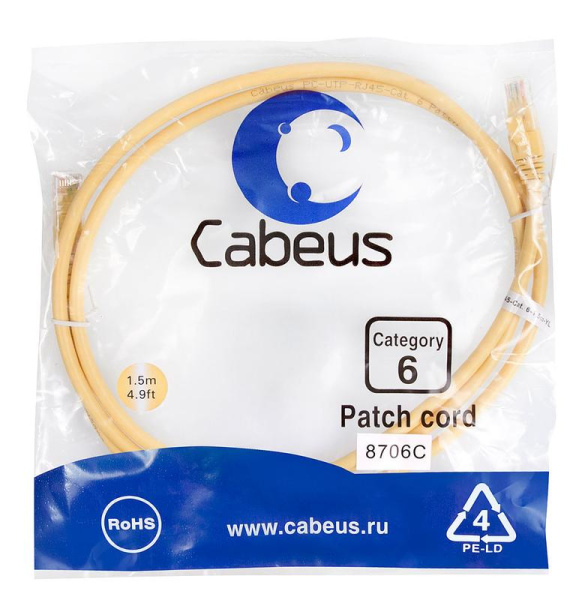 Патч-корд U/UTP кат.6 PC-UTP-RJ45-Cat.6-1.5m-YL 2xRJ45/8p8c неэкранир. PVC 1.5м желт. Cabeus 8706c