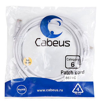 Патч-корд U/UTP кат.6 PC-UTP-RJ45-Cat.6-5m-WH 2xRJ45/8p8c неэкранир. PVC 5м бел. Cabeus 8674c