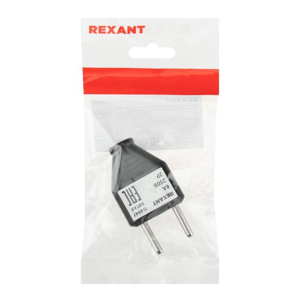 Вилка прямая 6А плоская без заземл. черн. Rexant 11-8947