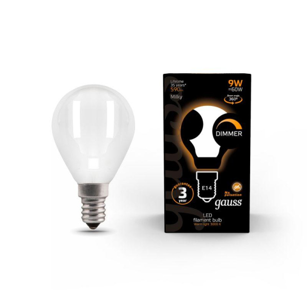 Лампа светодиодная филаментная Black Filament 9Вт P45 шар матовая 3000К тепл. бел. E14 590лм диммир. GAUSS 105201109-D
