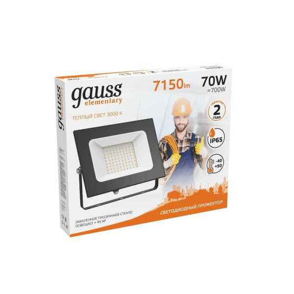 Прожектор светодиодный Elementary 70Вт 3000К IP65 6300лм ДО черн. GAUSS 613527170