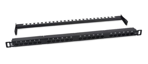 Патч-панель 19дюйм 0.5U 24 порта RJ45 кат.6 Dual IDC 180град. высокой плотности с задн. кабельн. организатором Cabeus 9664c