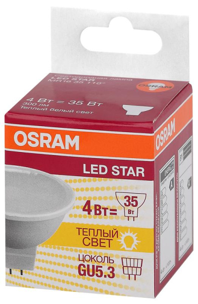Лампа светодиодная LED Star MR16 35110 4W/830 230V GU5.3 4Вт матовая 3000К тепл. бел. GU5.3 MR16 300лм 220-240В пластик. (замена 35Вт) OSRAM 4058075480407