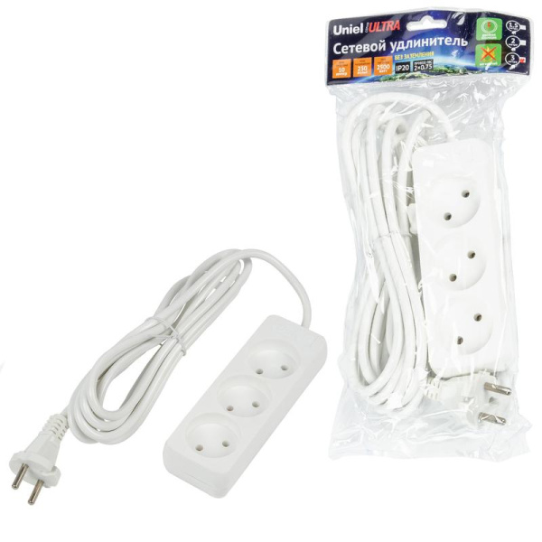 Удлинитель 3х3м без заземл. 10А Ultra S-CU3-3 WHITE бел. Uniel UL-00009982