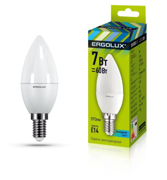 Лампа светодиодная LED-C35-7W-E14-4500K 7Вт свеча матовая 4500К бел. E14 172-265В Ergolux 12135