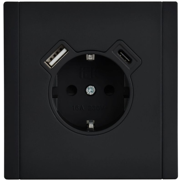 Розетка 1-м СП FORTE&PIANO 16А USB A+C 18Вт FP147M с заземл. защ. шторки винт. крепл. черн. IEK FP-R14-16-U22-018-M-K02