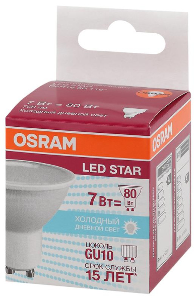 Лампа светодиодная LED Star PAR16 80110 7W/865 230V GU10 7Вт матовая 6500К холод. бел. GU10 PAR16 700лм 220-240В пластик. (замена 80Вт) OSRAM 4058075481558