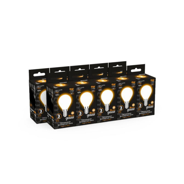 Лампа светодиодная филаментная Black Filament 9Вт P45 шар матовая 3000К тепл. бел. E14 590лм GAUSS 105201109