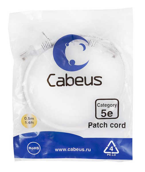 Патч-корд U/UTP кат.5E PC-UTP-RJ45-Cat.5e-0.5m-WH 2xRJ45/8p8c неэкранир. PVC 0.5м бел. Cabeus 7665c