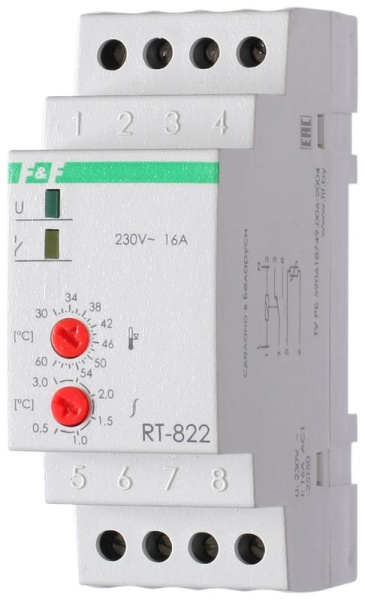 Регулятор температуры RT-822 (от +30 до +60 град.C; выносной датчик; монтаж на DIN-рейке 35мм 50-260В 16А 1P IP20) F&F EA07.001.005