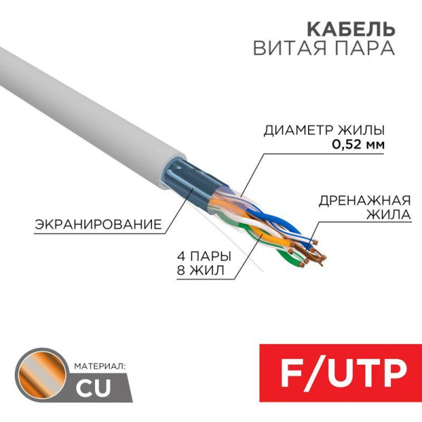 Кабель витая пара F/UTP кат.5E 4х2х0.52 24AWG PVC нг(А)-LS INDOOR SOLID сер. РФ (305м) Rexant 01-0141-R