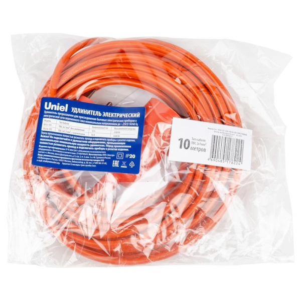 Удлинитель-шнур 1х10м без заземл. 10А YX10-101 /UCK-1N/2x100/10M/O ORANGE ПВС 2х10 оранж. TM Uniel UL-00010793