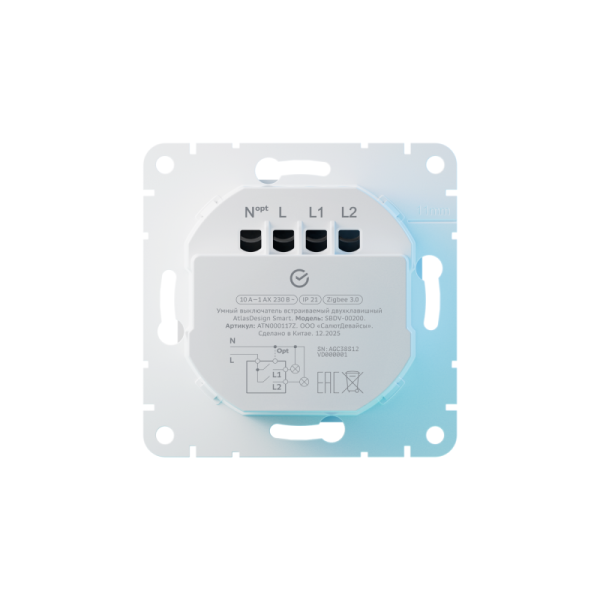 Выключатель 2-кл. СП ATLASDESIGN SMART 10А IP21 Zigbee сх.1 L(N) с опциональной нейтралью механизм бел. Умный дом Sber & SE ATN000117Z