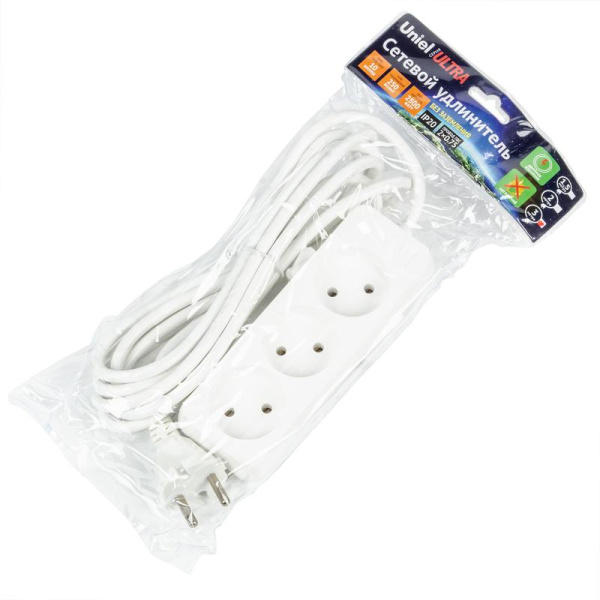 Удлинитель 3х3м без заземл. 10А Ultra S-CU3-3 WHITE бел. Uniel UL-00009982