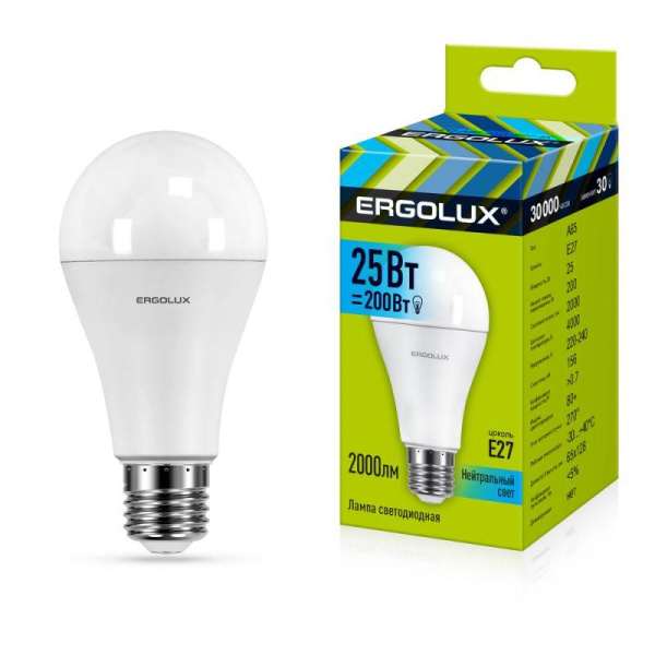Лампа светодиодная LED-A65-25W-E27-4K ЛОН 25Вт грушевидная 4000К бел. E27 220-240В Ergolux 14236