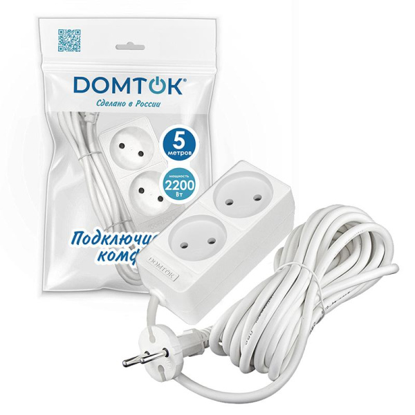 Удлинитель 2х5м без заземл. 10А IP20 2.2кВт ПВС 2х1 бел. DOMTOK 2347