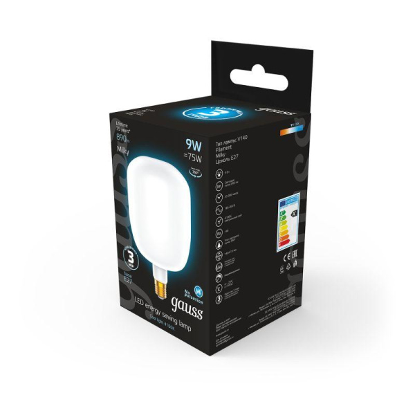 Лампа светодиодная филаментная Black Filament 9Вт V140 матовая 4100К нейтр. бел. E27 890лм GAUSS 1015802209