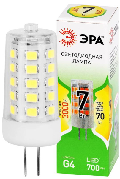 Лампа светодиодная GREEN LINE LED G4-JC-7W-830-12V GL 7Вт капсульная прозрачная 3000К тепл. бел. свет G4 12В Эра Б0067181