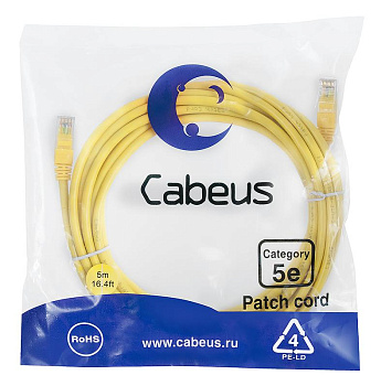 Патч-корд U/UTP кат.5E PC-UTP-RJ45-Cat.5e-5m-YL 2xRJ45/8p8c неэкранир. PVC 5м желт. Cabeus 7688c