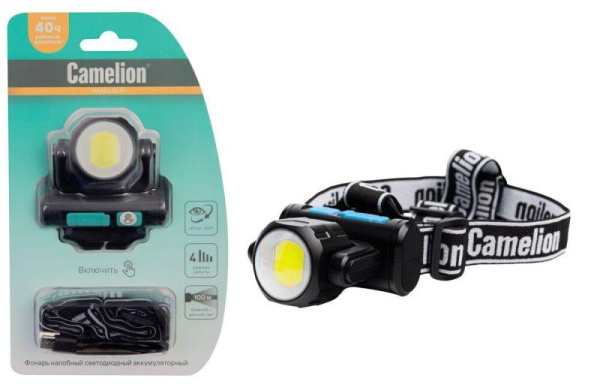 Фонарь налобный LED53402 аккум. 3.7В COB+LED 3.5Вт 4 реж. Type-C блист черн. Camelion 15751