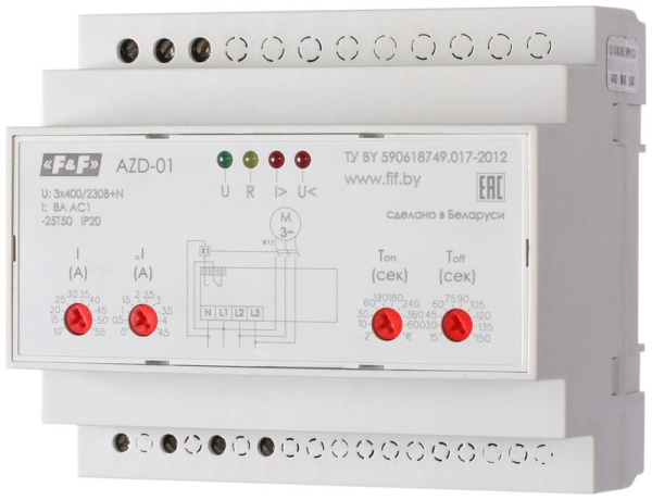 Реле защиты двигателя AZD-02 многофункц. защита 3ф двигателя до 2.2кВт и для работы с внешн. ТТ; 6мод. монтаж на DIN-рейке F&F EA05.004.005